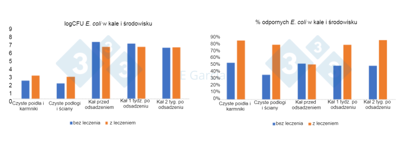 Ryc.&nbsp;2. Poziomy E. coli i procent oporności w poidłach, karmnikach, podłogach, ścianach i kale&nbsp;w gospodarstwach stosujących lub niestosujących antybiotyki&nbsp;i tlenek&nbsp;cynku w paszy
